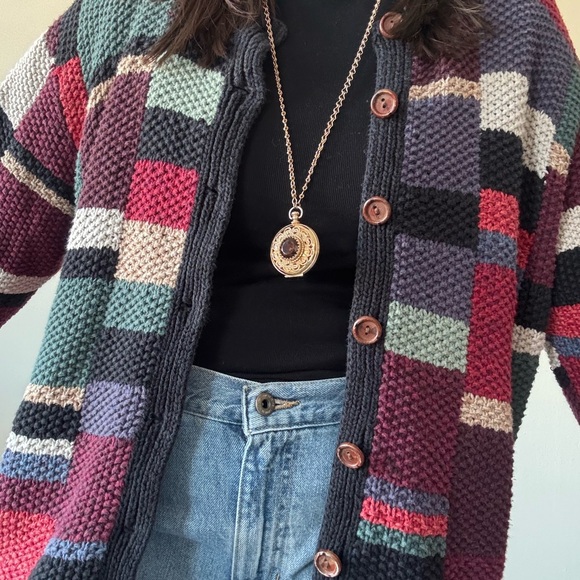 Vintage Multicolor Patchwork Knit Cardigan - Picture 2 of 8